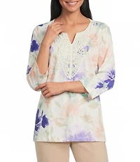 Allison Daley Floral Print 3/4 Sleeve V-Neck Beaded Applique Knit Top