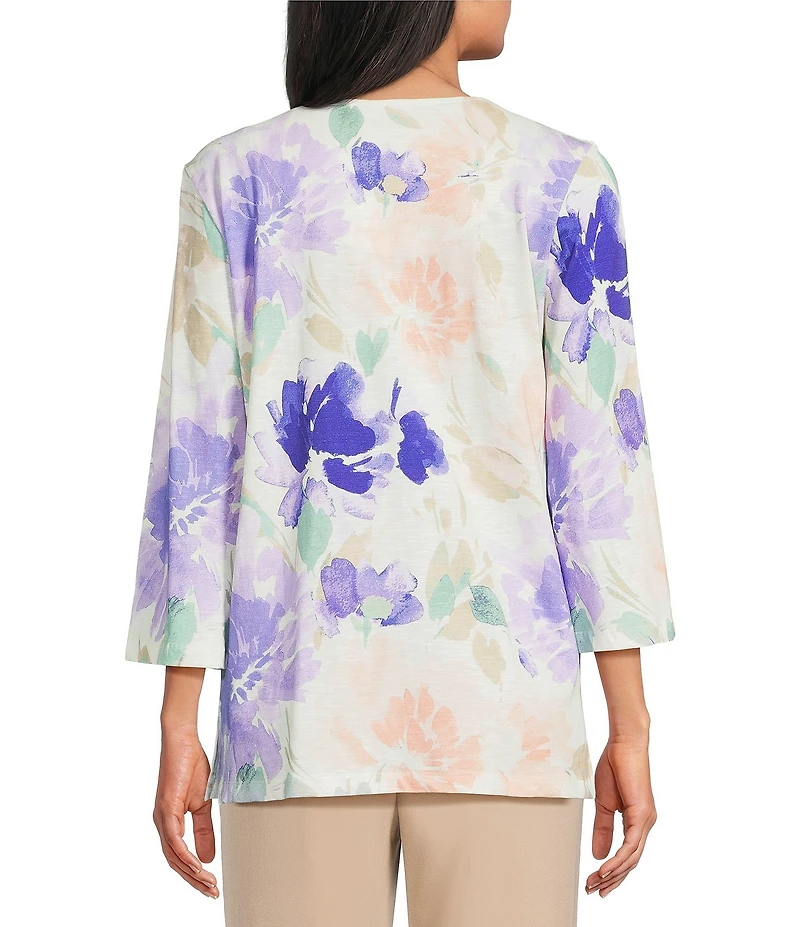 Allison Daley Floral Print 3/4 Sleeve V-Neck Beaded Applique Knit Top