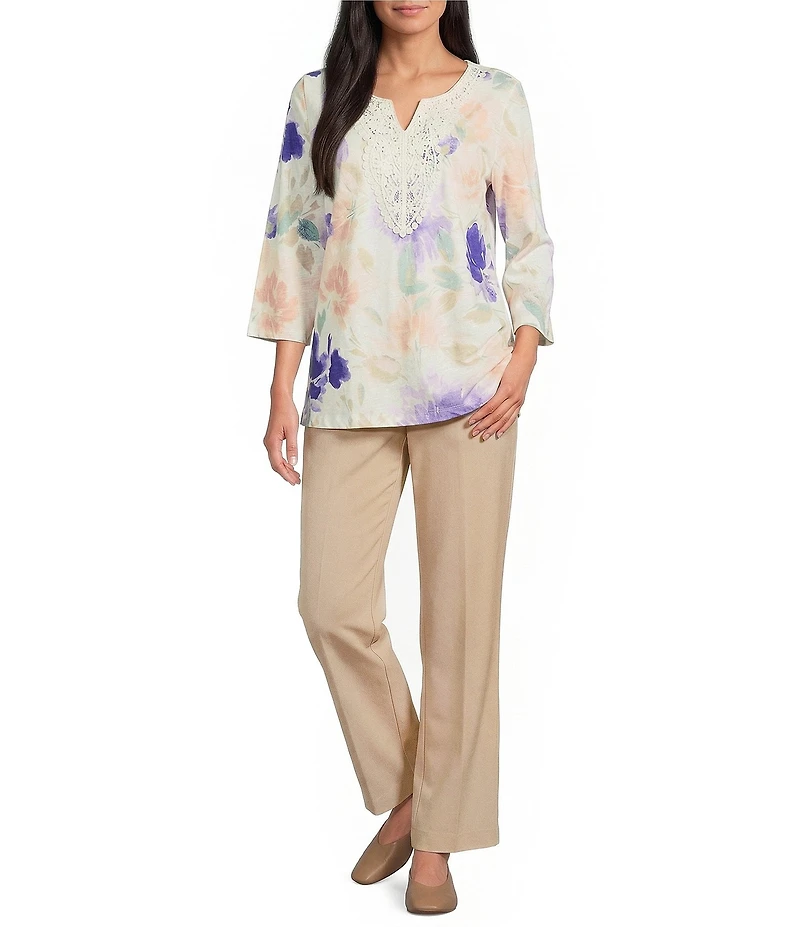 Allison Daley Floral Print 3/4 Sleeve V-Neck Beaded Applique Knit Top