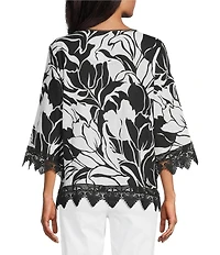 Allison Daley Floral Print 3/4 Sleeve V-Neck Lace Trim Detail Blouse