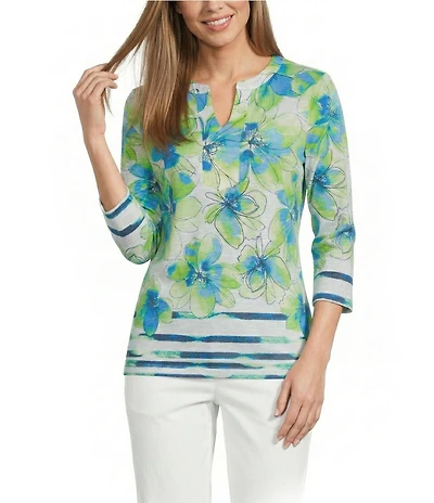 Allison Daley Floral Print 3/4 Sleeve Y-Neck Knit Top