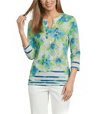 Allison Daley Floral Print 3/4 Sleeve Y-Neck Knit Top
