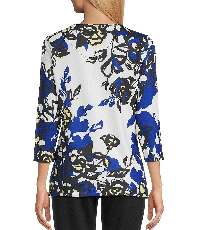 Allison Daley Floral Print Embellished 3/4 Sleeve Crew Neck Top
