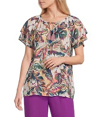 Allison Daley Floral Print Short Ruffle Sleeve Tassel V-Neck Top