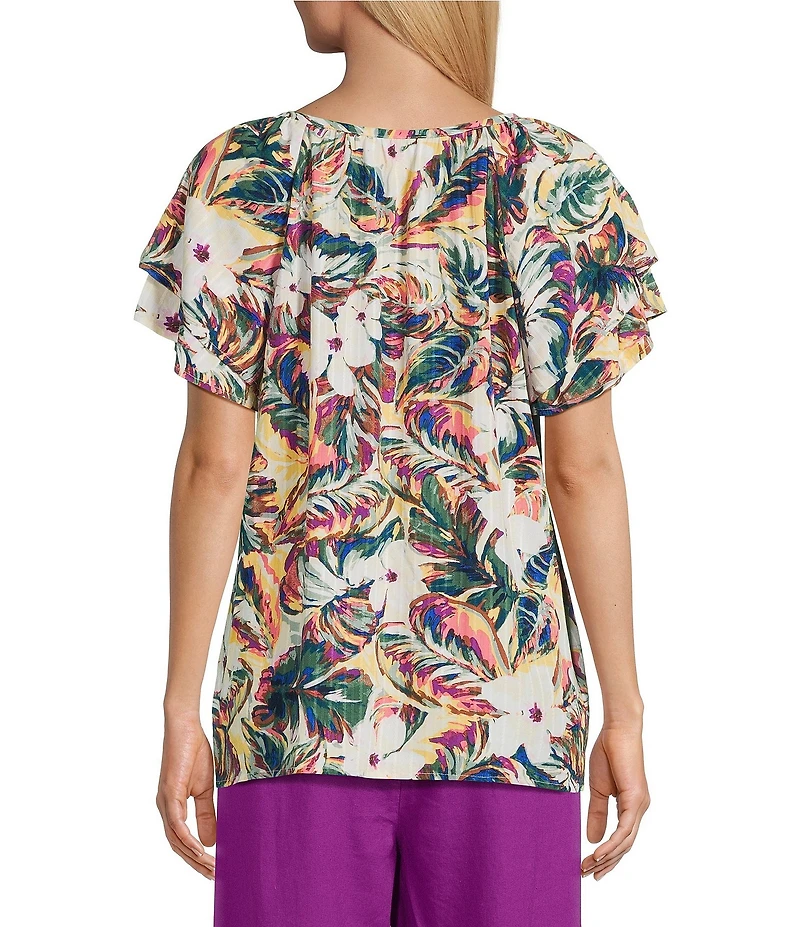 Allison Daley Floral Print Short Ruffle Sleeve Tassel V-Neck Top