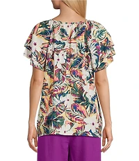Allison Daley Floral Print Short Ruffle Sleeve Tassel V-Neck Top