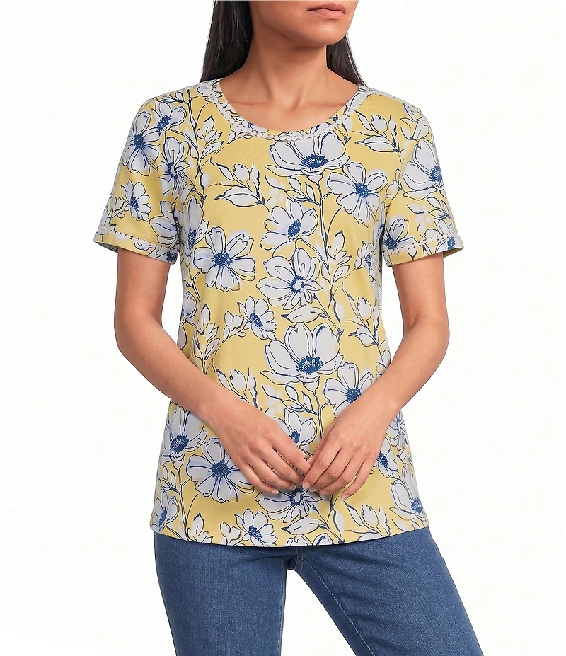 Allison Daley Floral Print Short Sleeve Crew Neck Lace Trim Knit Top