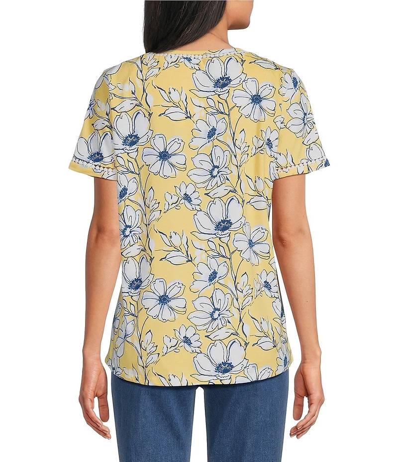 Allison Daley Floral Print Short Sleeve Crew Neck Lace Trim Knit Top