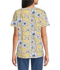 Allison Daley Floral Print Short Sleeve Crew Neck Lace Trim Knit Top