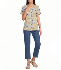 Allison Daley Floral Print Short Sleeve Crew Neck Lace Trim Knit Top