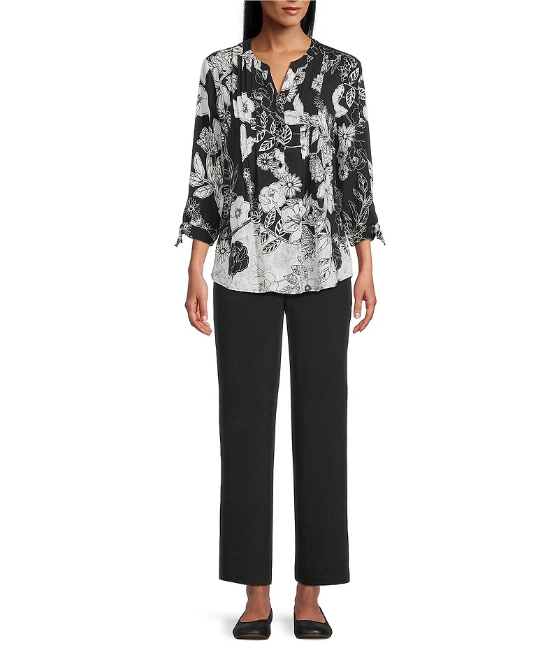 Allison Daley Floral Slope Border Print 3/4 Sleeve Y-Neck Blouse