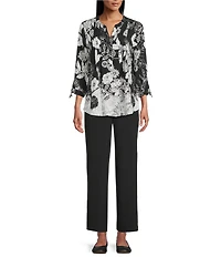 Allison Daley Floral Slope Border Print 3/4 Sleeve Y-Neck Blouse