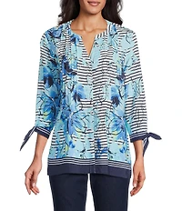 Allison Daley Floral Stripe Print 3/4 Tie Sleeve Y-Neck Button Front Blouse