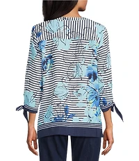 Allison Daley Floral Stripe Print 3/4 Tie Sleeve Y-Neck Button Front Blouse