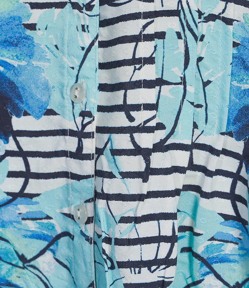 Allison Daley Floral Stripe Print 3/4 Tie Sleeve Y-Neck Button Front Blouse