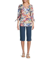 Allison Daley Flower Swirl 3/4 Tie Sleeve Keyhole Neck Knit Top