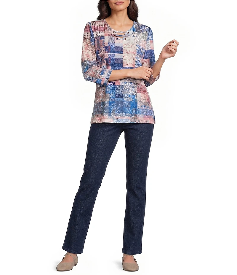 Allison Daley Flowering Plaid Print 3/4 Sleeve Split-V Neck Knit Top