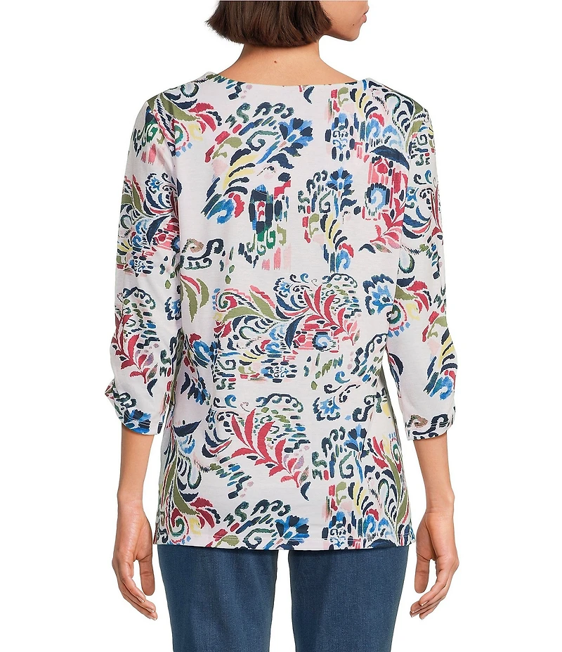 Allison Daley Flowery Ikat 3/4 Sleeve Split Round Neck Lace Detail Knit Top