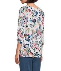 Allison Daley Flowery Ikat 3/4 Sleeve Split Round Neck Lace Detail Knit Top