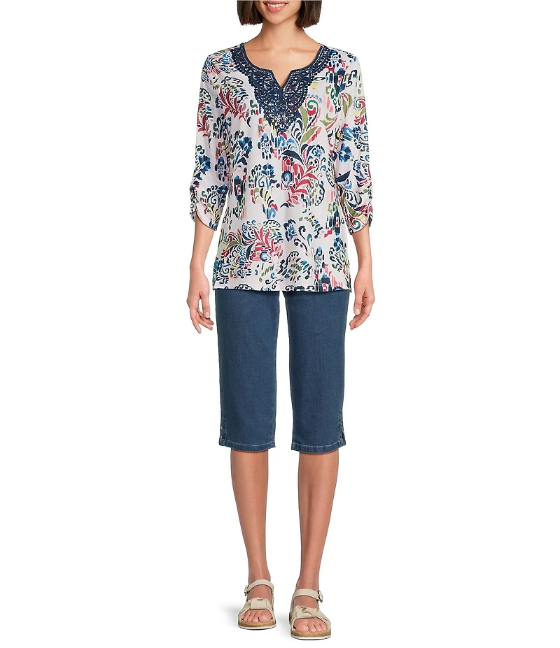 Allison Daley Flowery Ikat 3/4 Sleeve Split Round Neck Lace Detail Knit Top