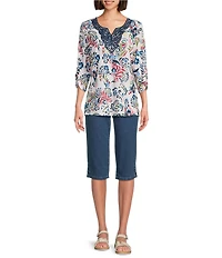 Allison Daley Flowery Ikat 3/4 Sleeve Split Round Neck Lace Detail Knit Top