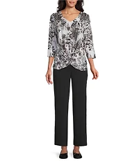 Allison Daley Foulard Floral Print Embellished 3/4 Sleeve V-Neck Knit Top