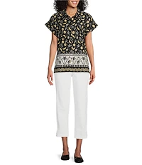 Allison Daley Fruit Print Cap Sleeve Point Collar Button-Front Shirt