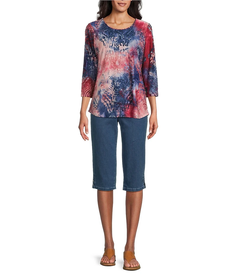 Allison Daley Garnet Tie-Dye 3/4 Sleeve Crew Neck Knit Top