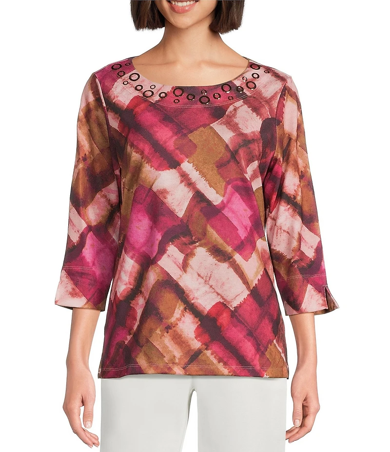 Allison Daley Geo Waves Print 3/4 Sleeve Crew Neck Knit Top