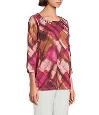 Allison Daley Geo Waves Print 3/4 Sleeve Crew Neck Knit Top