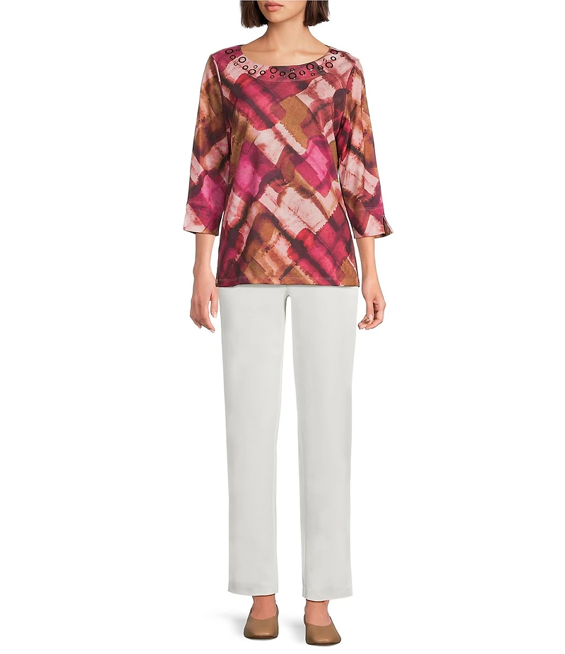 Allison Daley Geo Waves Print 3/4 Sleeve Crew Neck Knit Top