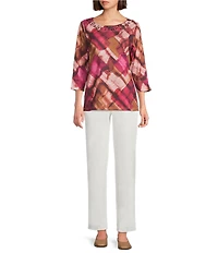Allison Daley Geo Waves Print 3/4 Sleeve Crew Neck Knit Top