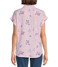 Allison Daley Gingham Floral Print Short Sleeve Tie Front Button Blouse