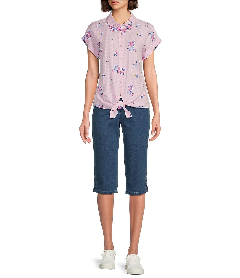 Allison Daley Gingham Floral Print Short Sleeve Tie Front Button Blouse