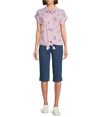Allison Daley Gingham Floral Print Short Sleeve Tie Front Button Blouse