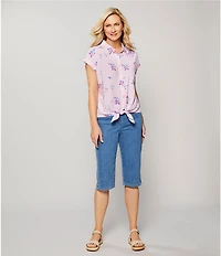 Allison Daley Gingham Floral Print Short Sleeve Tie Front Button Blouse