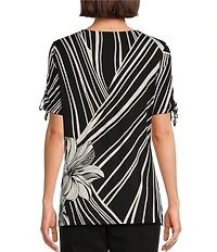 Allison Daley Hibiscus Wave Print Short Ruched Tie Sleeve Square Neck Knit Top