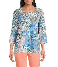 Allison Daley Ikat Collage 3/4 Sleeve Crew Crisscross Neck Embellished Knit Top