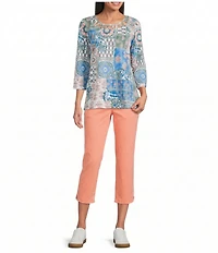 Allison Daley Ikat Collage 3/4 Sleeve Crew Crisscross Neck Embellished Knit Top