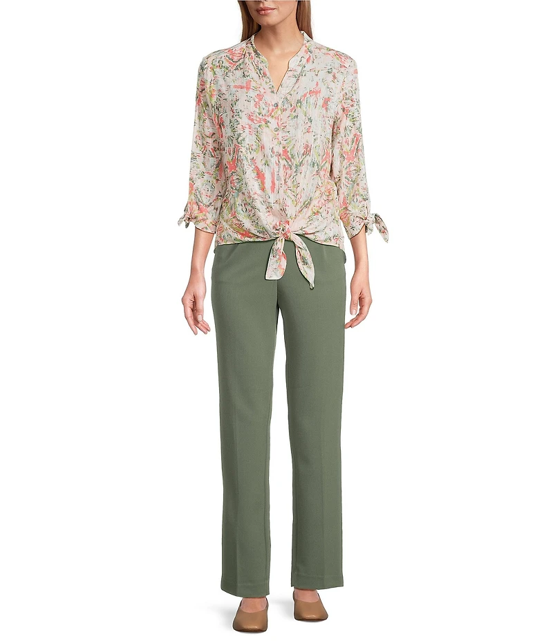 Allison Daley Ikat Diamond Print 3/4 Tie Sleeve Y-Neck Button Front Tie-Hem Blouse
