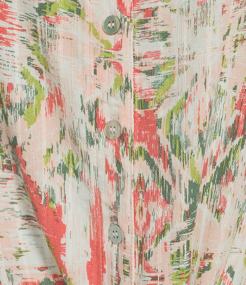 Allison Daley Ikat Diamond Print 3/4 Tie Sleeve Y-Neck Button Front Tie-Hem Blouse