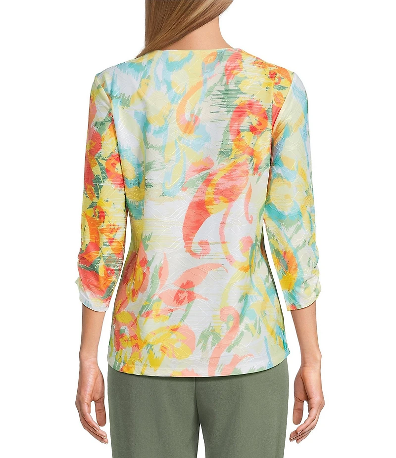 Allison Daley Ikat Floral Print 3/4 Ruched Sleeve Crew Neck Linear Jacquard Knit Top