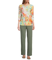 Allison Daley Ikat Floral Print 3/4 Ruched Sleeve Crew Neck Linear Jacquard Knit Top