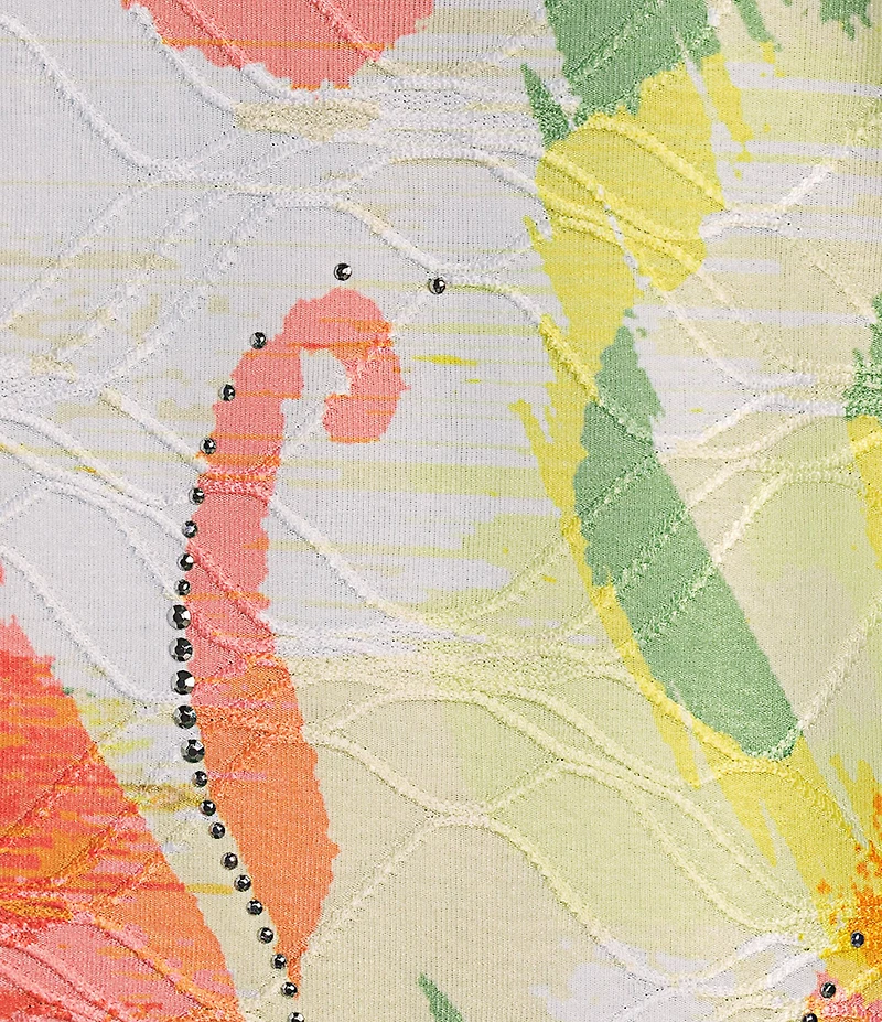 Allison Daley Ikat Floral Print 3/4 Ruched Sleeve Crew Neck Linear Jacquard Knit Top