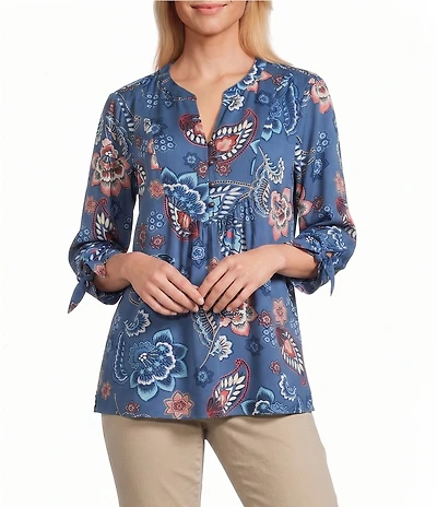 Allison Daley Indigo Multi Floral Print 3/4 Tie Sleeve Y-Neck Blouse