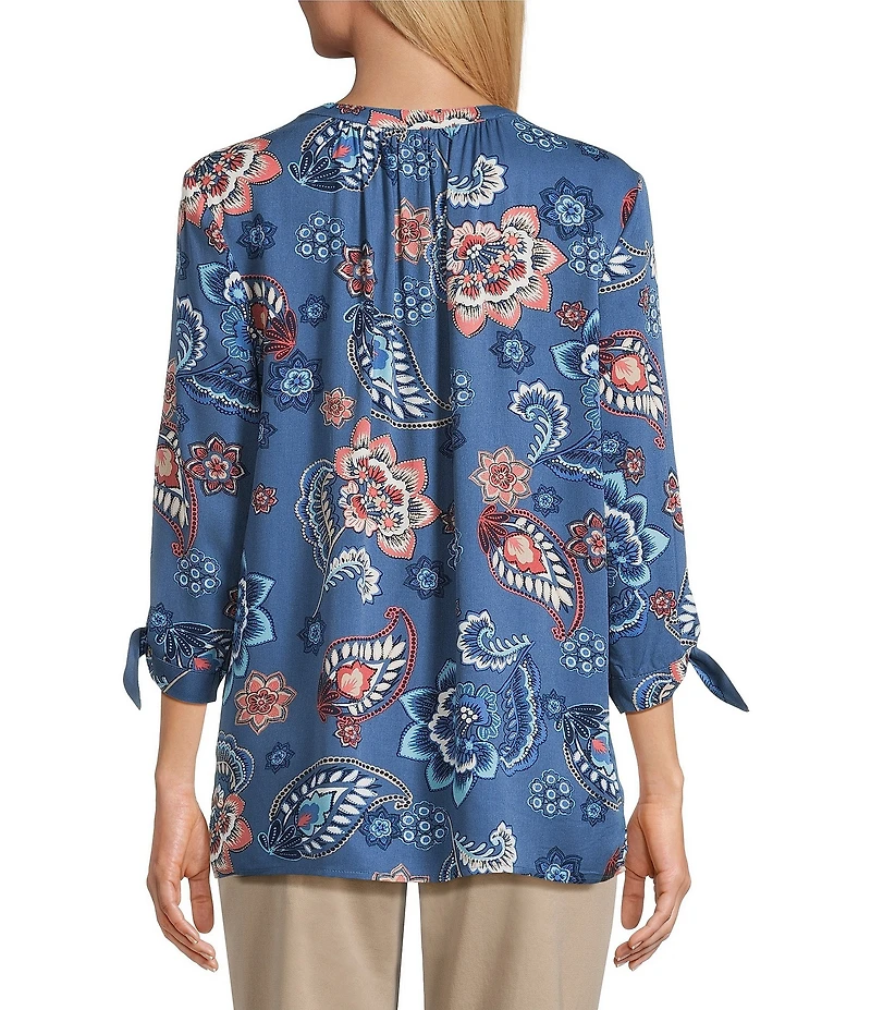 Allison Daley Indigo Multi Floral Print 3/4 Tie Sleeve Y-Neck Blouse