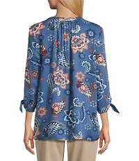 Allison Daley Indigo Multi Floral Print 3/4 Tie Sleeve Y-Neck Blouse