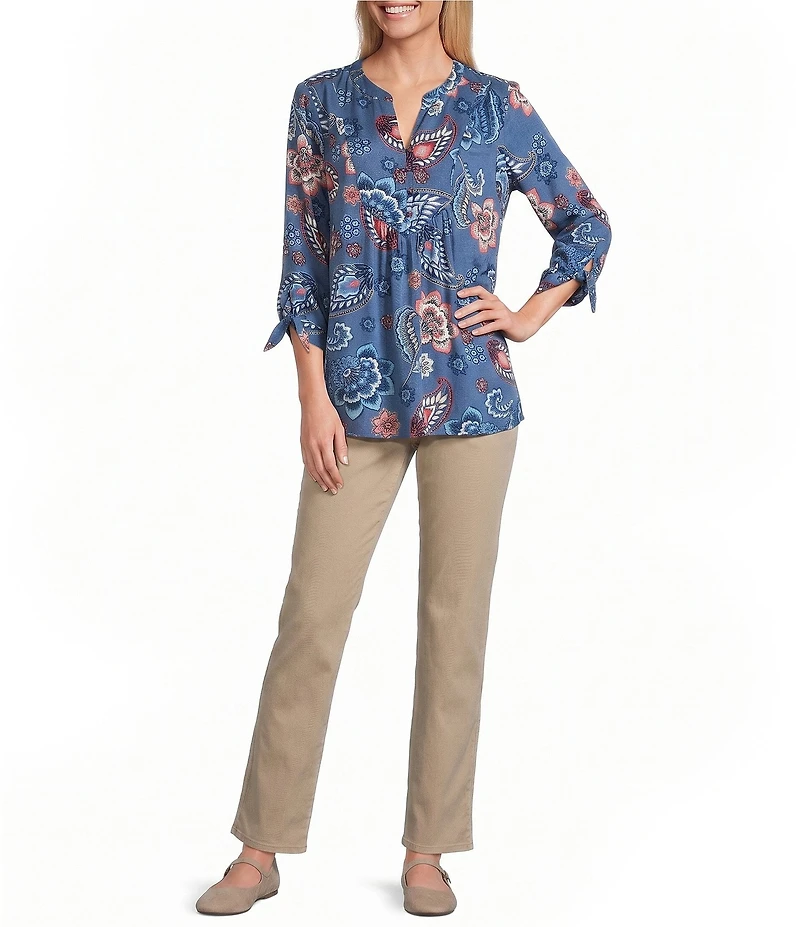 Allison Daley Indigo Multi Floral Print 3/4 Tie Sleeve Y-Neck Blouse