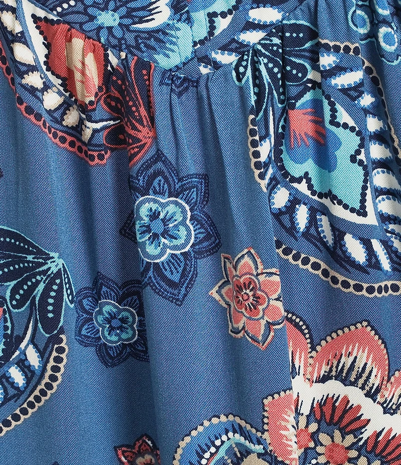 Allison Daley Indigo Multi Floral Print 3/4 Tie Sleeve Y-Neck Blouse