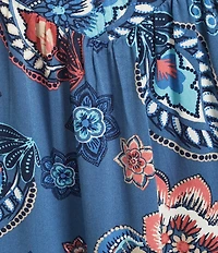 Allison Daley Indigo Multi Floral Print 3/4 Tie Sleeve Y-Neck Blouse